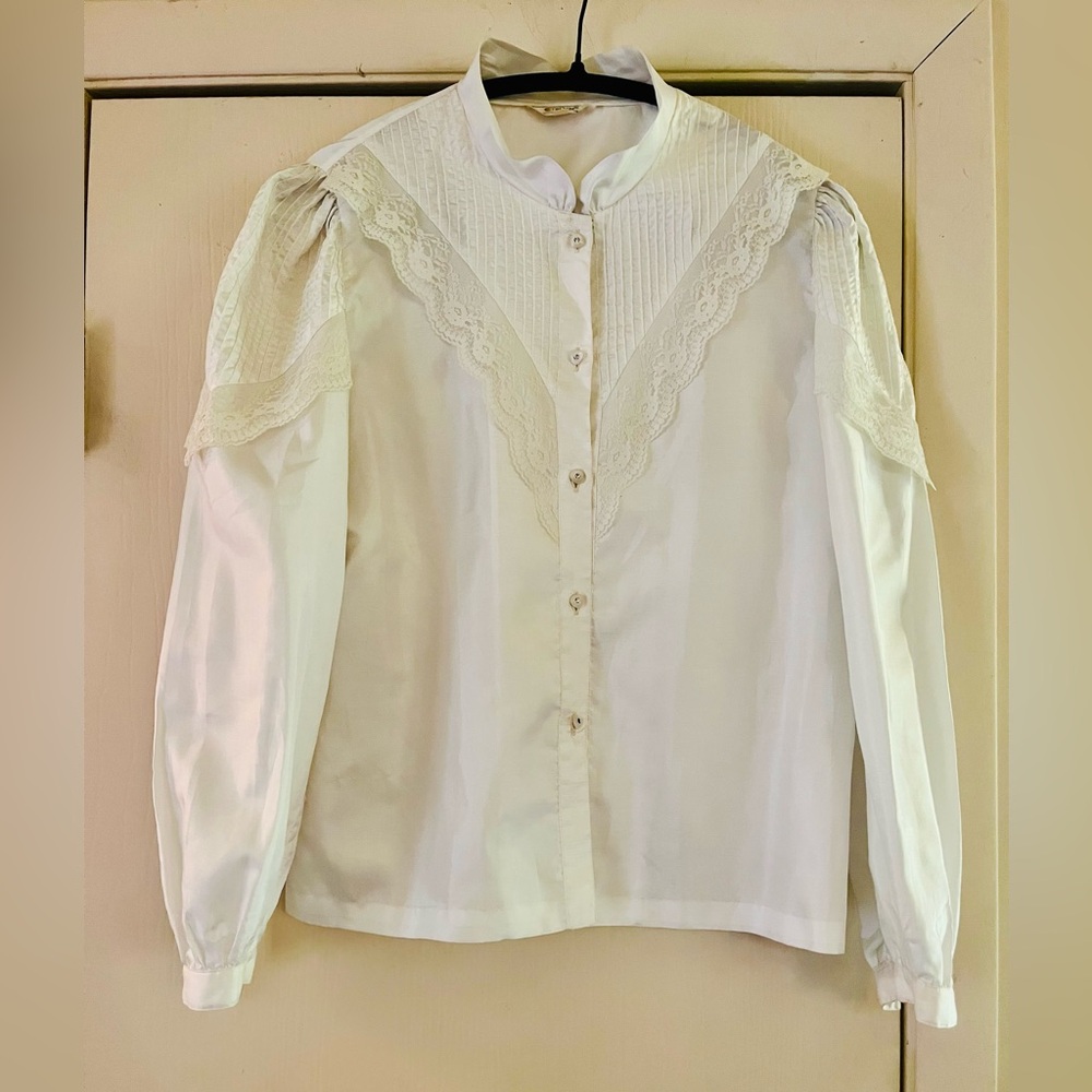 VTG Victorian Revival Edwardian Satin Ruffle Lace Prairie Cottagecore Blouse S